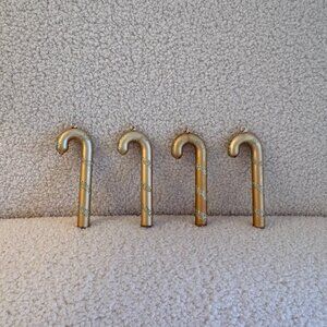 Set of 4 Vintage, Hand Blown Glass Candy Cane Christmas Ornaments, Gold